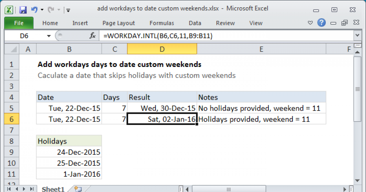 Add workdays to date custom weekends Excel formula Exceljet